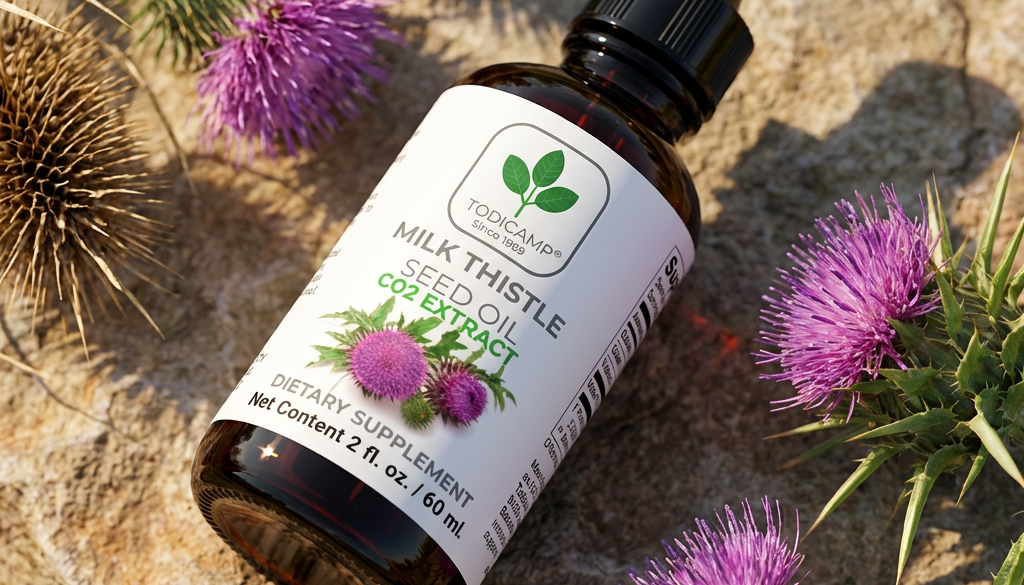 Bottle of milk thistle seed oil with plants on a stone surface
