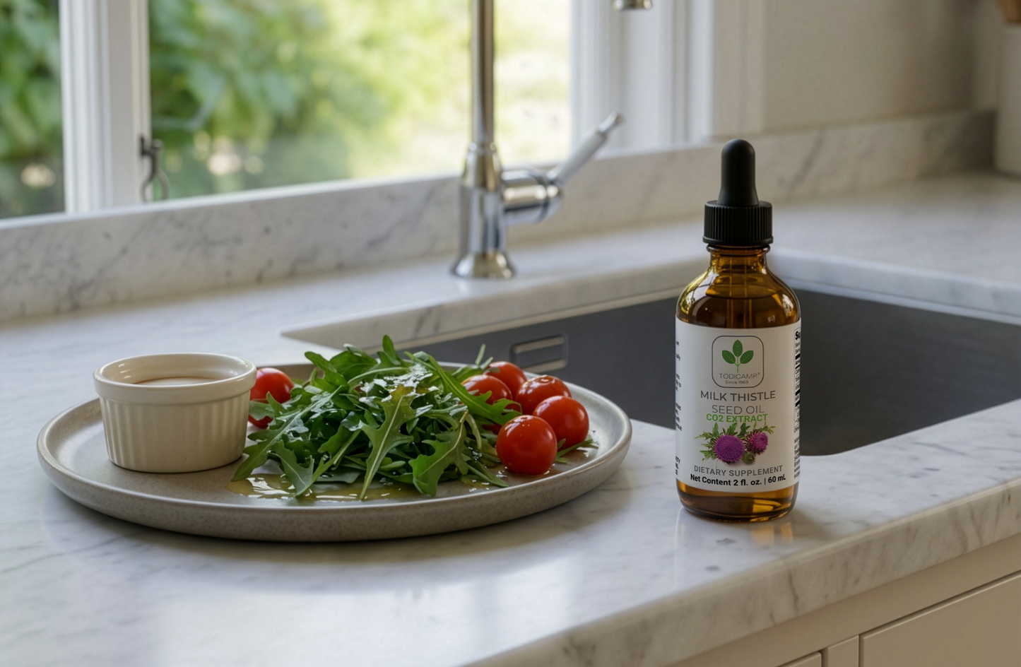 Bottle of salad dressing on a kitchen counter with a salad and tomatoes