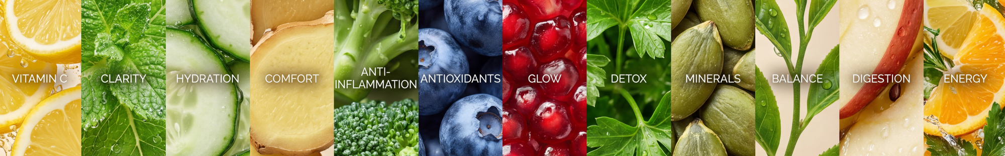 Collage of various fruits, vegetables, and herbs with a health and wellness theme.