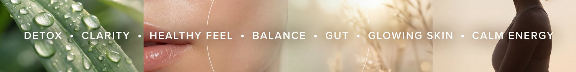 Collage of nature elements, skincare close-up, and a silhouette of a person with text about mission.